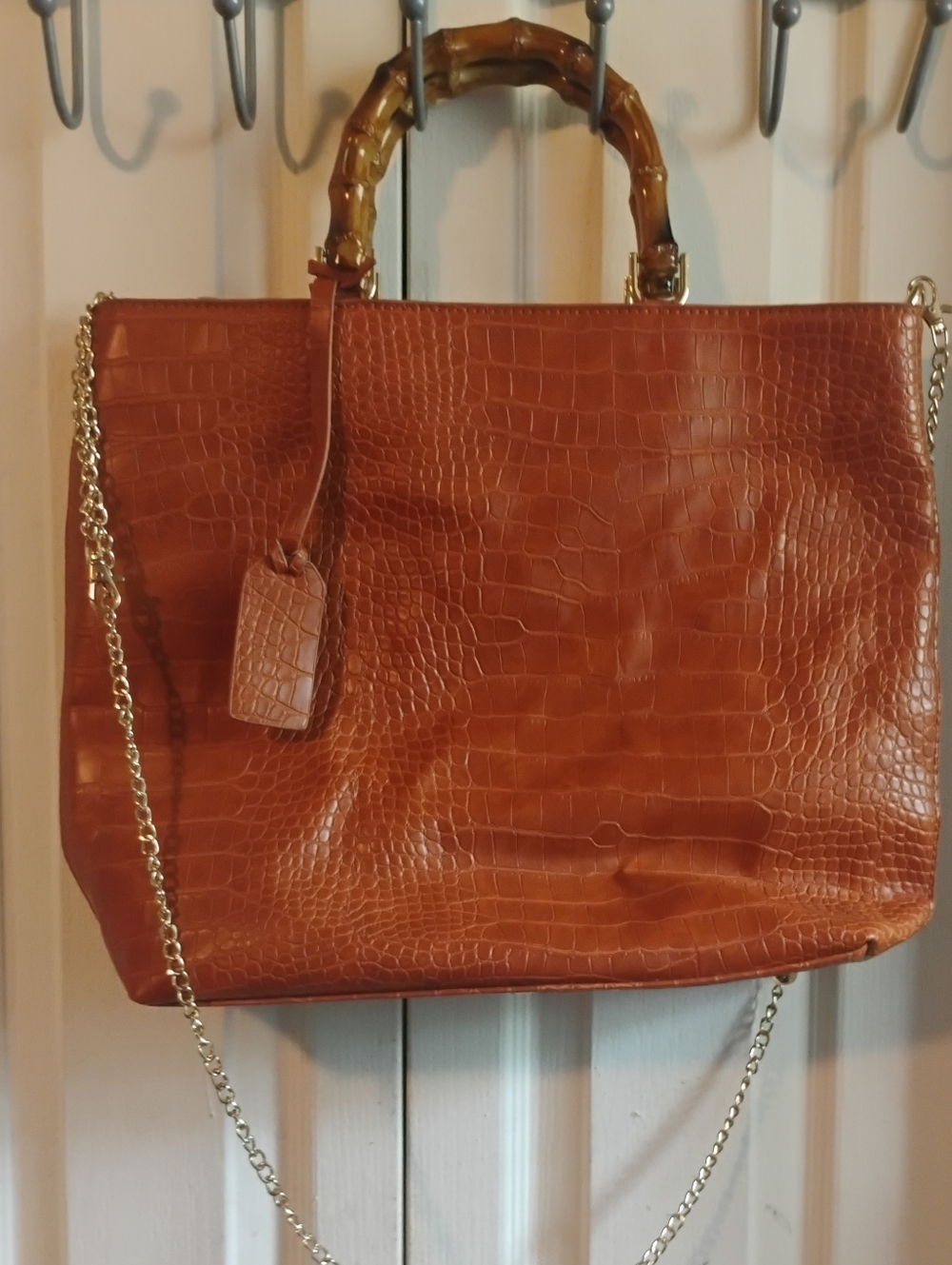 Moda Luxe Cognac Croc Embossed Tote with Bamboo Handles & Gold Chain Strap